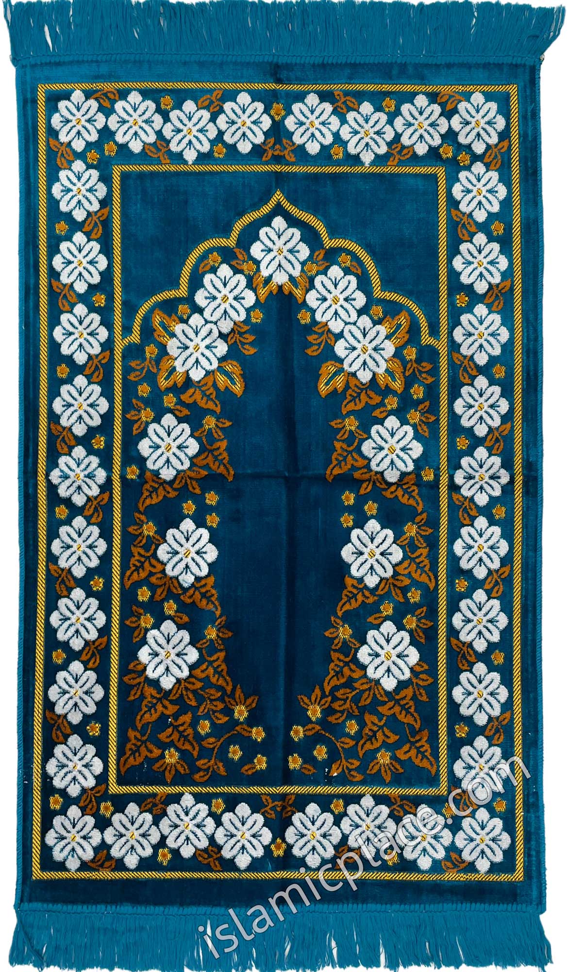 Teal Blue Prayer Rug with Floral Gateway Mihrab