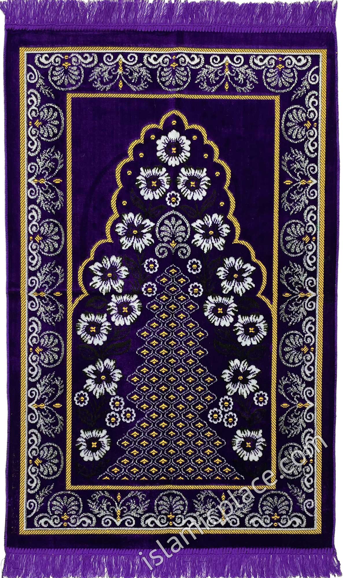 Purple Prayer Rug with Floral Fountain Border Design