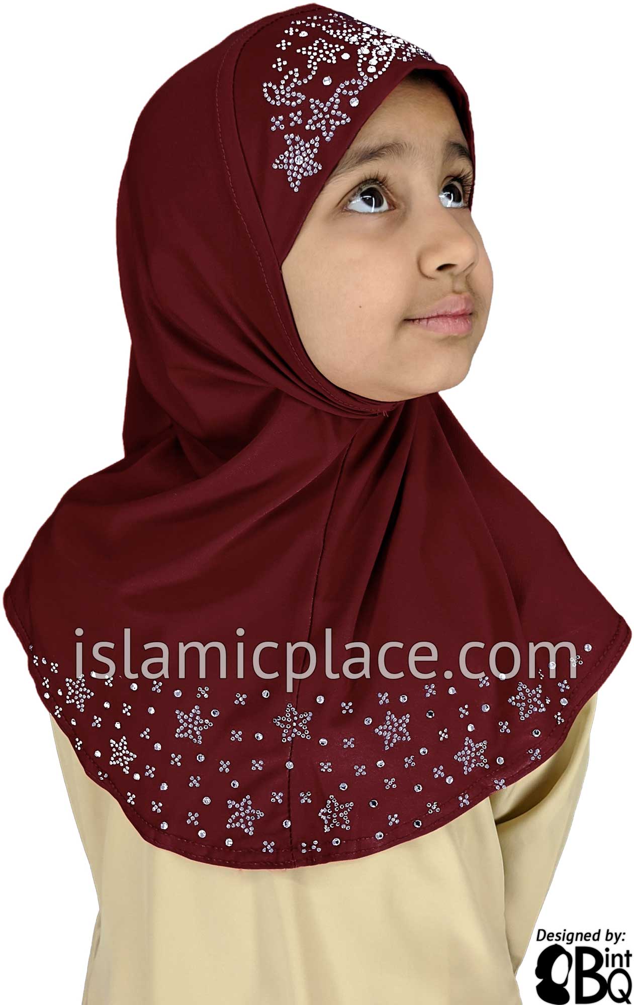 Burgundy - Luxurious Lycra Hijab Al-Amira with Silver Rhinestones - Girl size (1-piece)