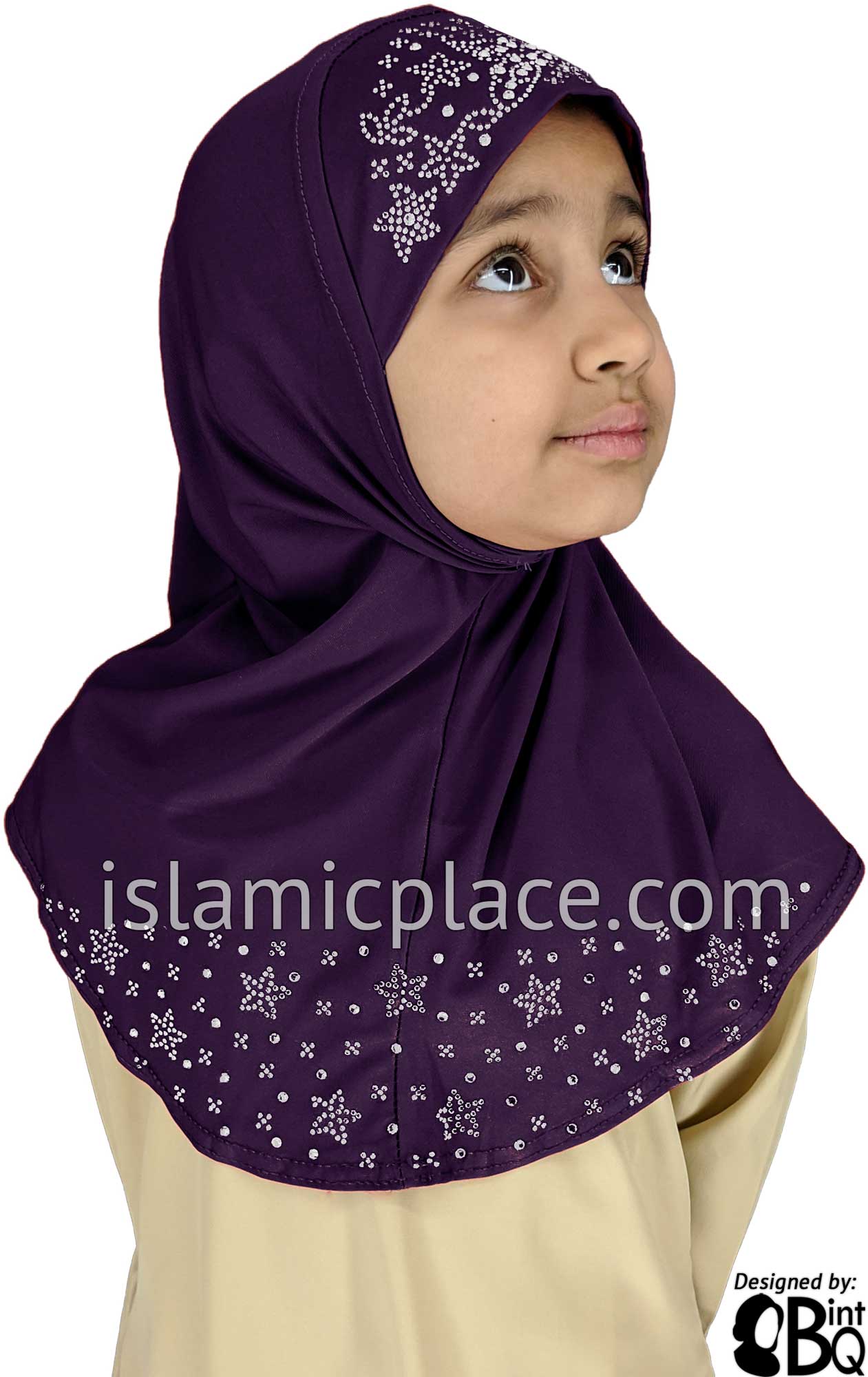 Plum - Luxurious Lycra Hijab Al-Amira with Silver Rhinestones - Girl size (1-piece)