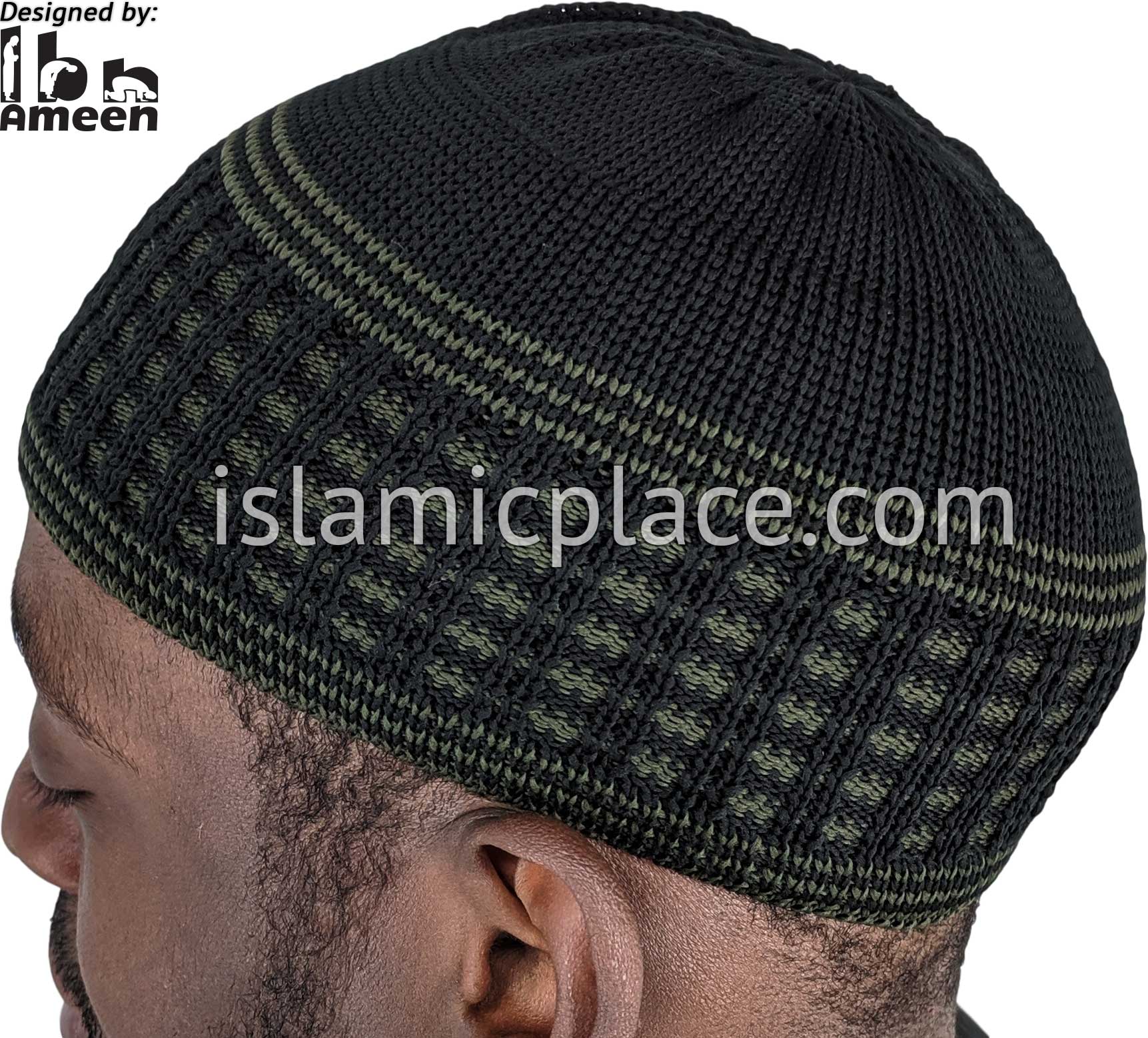 Black & Camo Green - Elastic Knitted Ameen Designer Kufi