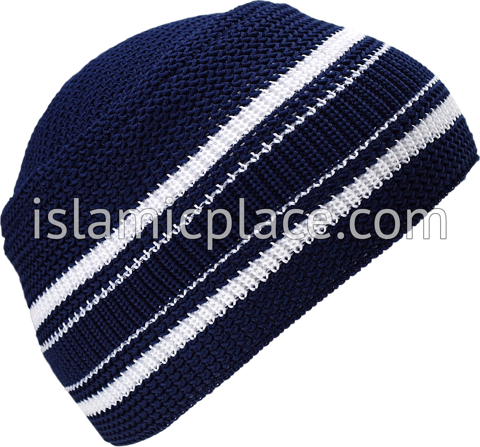 Navy with White - Elastic Knitted Hassan Designer Kufi