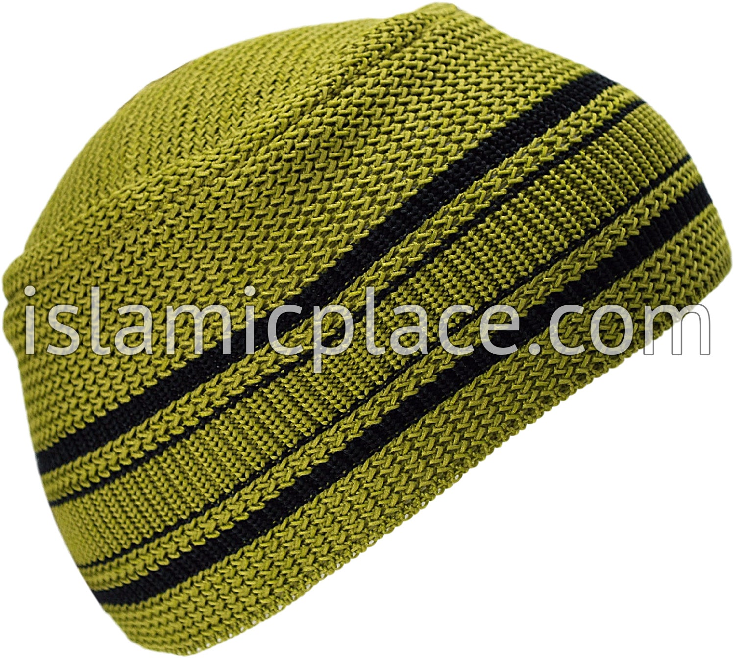 Light Olive Green with Black - Elastic Knitted Hassan Designer Kufi