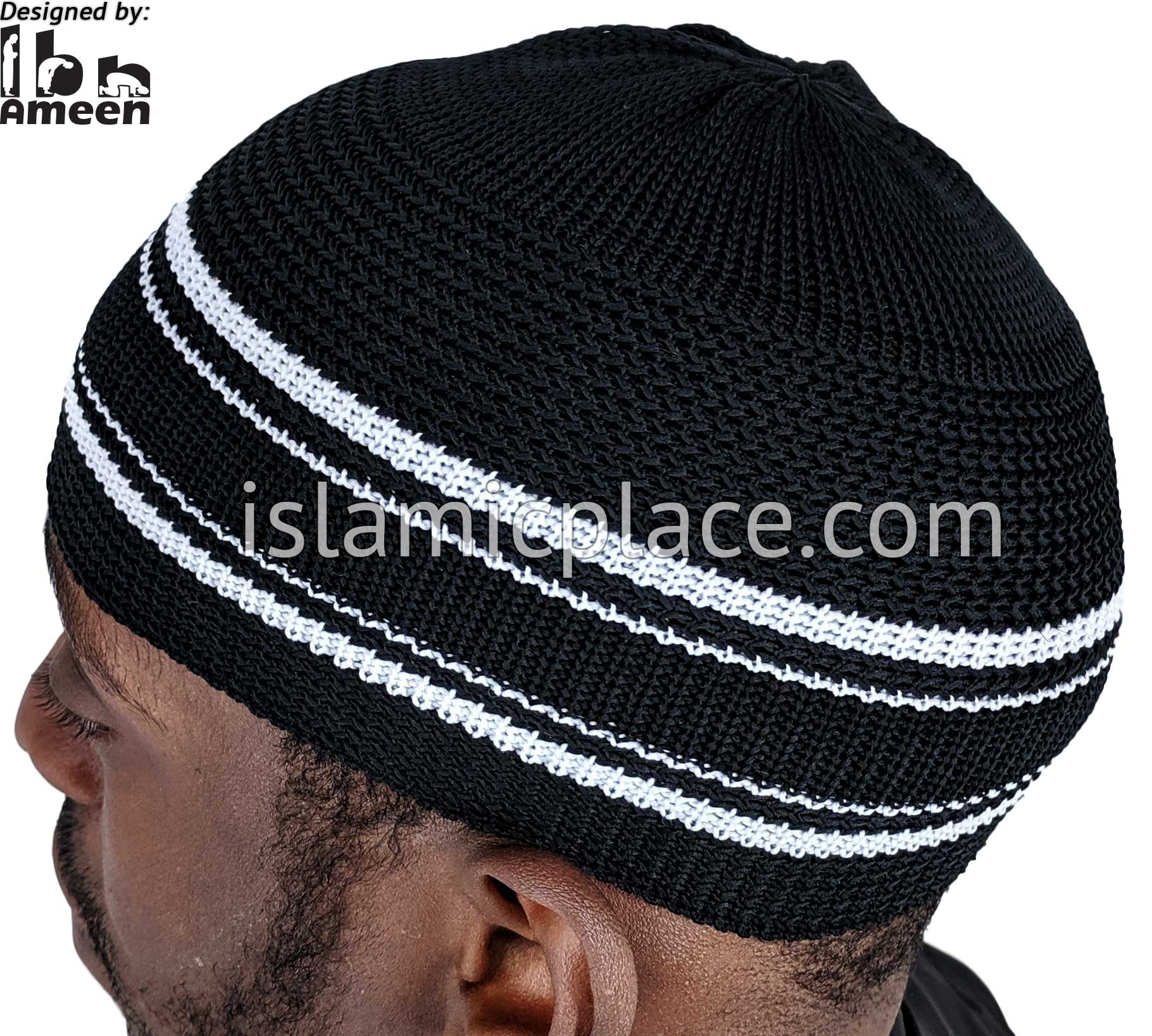 Black with White - Elastic Knitted Kareem Designer Kufi
