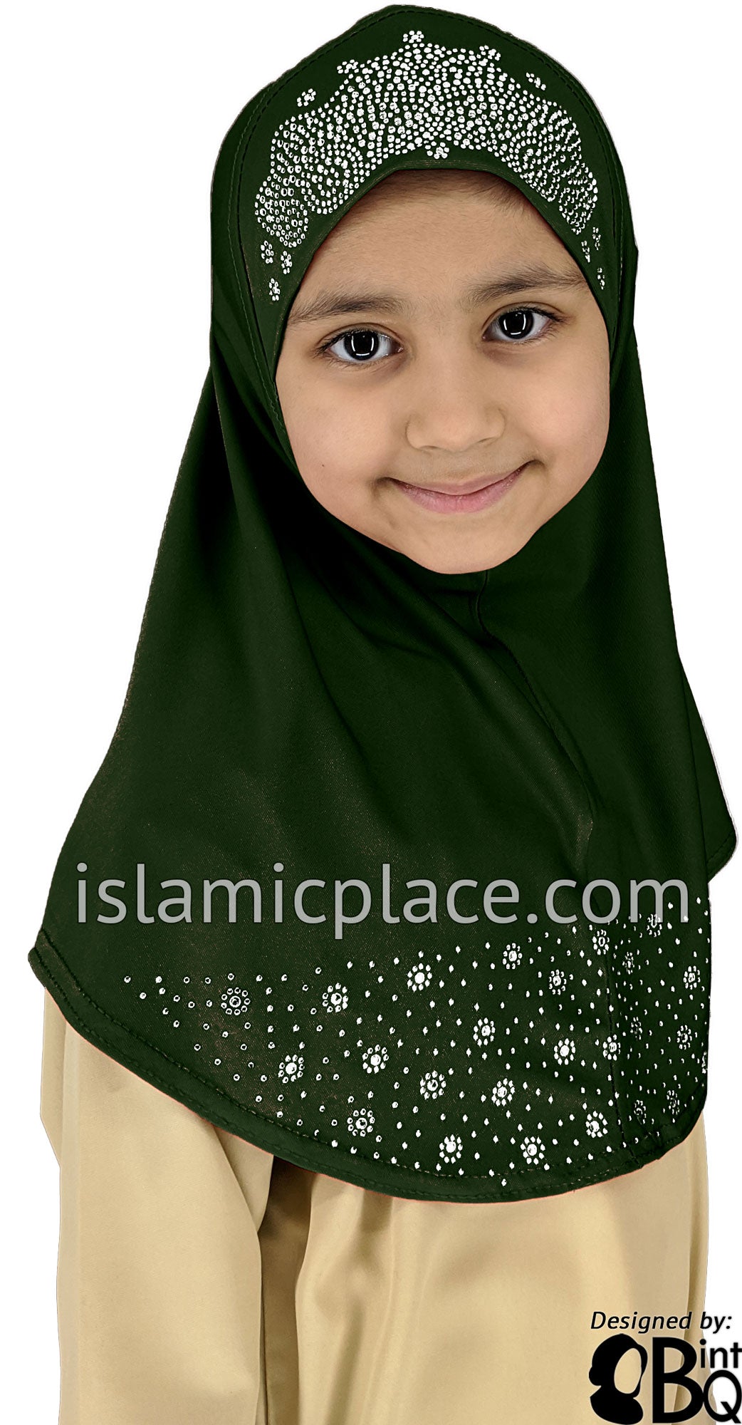 Dark Olive - Luxurious Lycra Hijab Al-Amira with Silver Rhinestones - Girl size (1-piece)