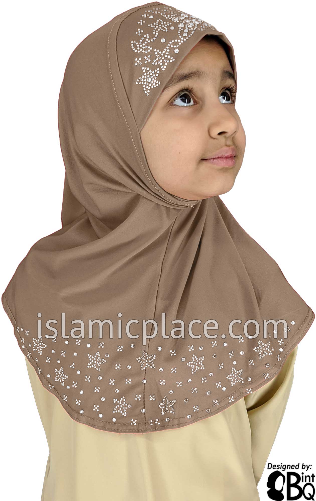 Oyster - Luxurious Lycra Hijab Al-Amira with Silver Rhinestones - Girl size (1-piece)
