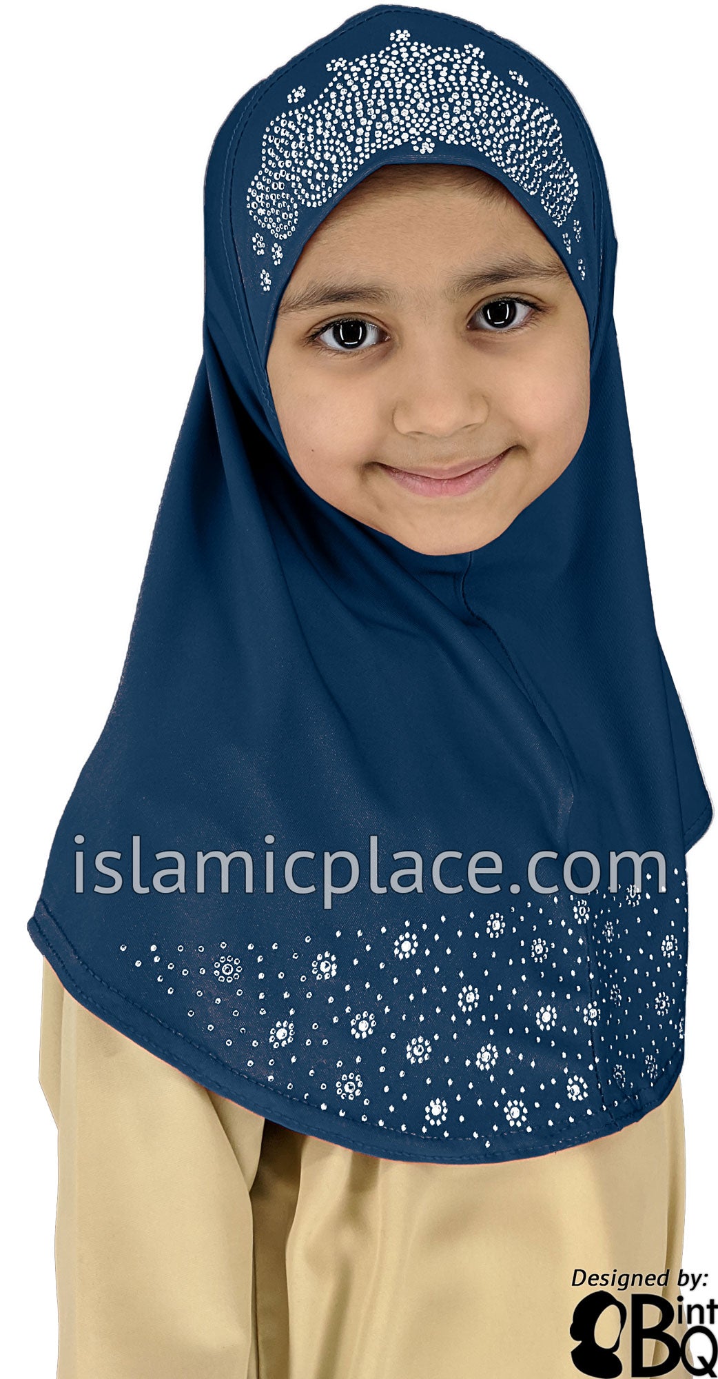 Denim Blue - Luxurious Lycra Hijab Al-Amira with Silver Rhinestones - Girl size (1-piece)