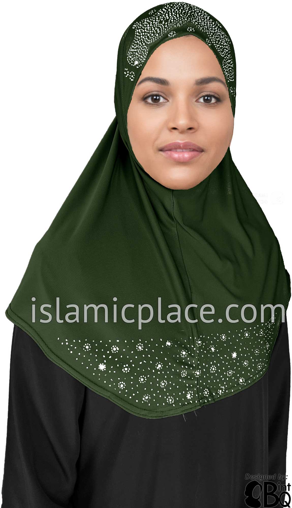 Dark Olive - Luxurious Lycra Hijab Al-Amira with Silver Rhinestones Teen to Adult (Large)