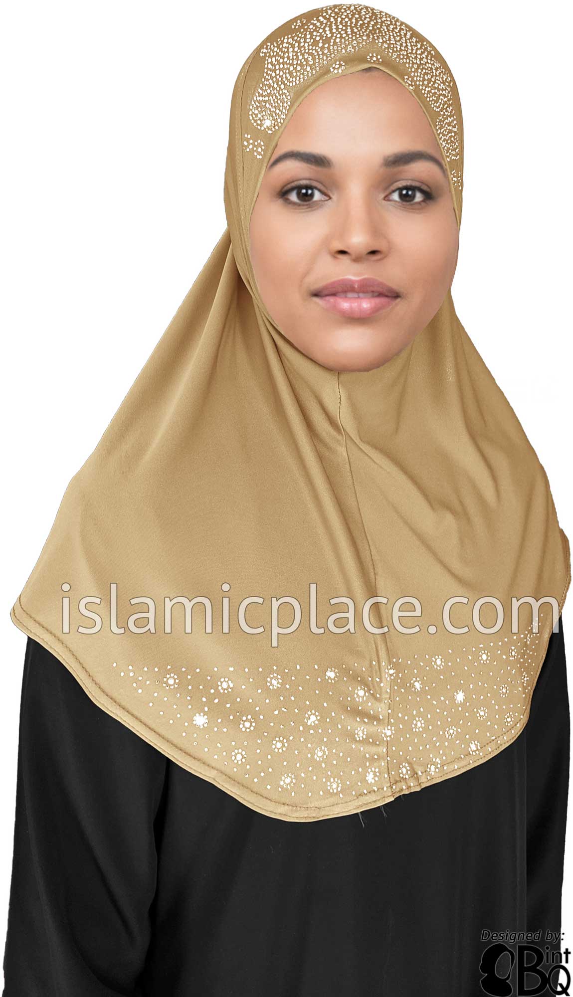 Beige - Luxurious Lycra Hijab Al-Amira with Silver Rhinestones Teen to Adult (Large)