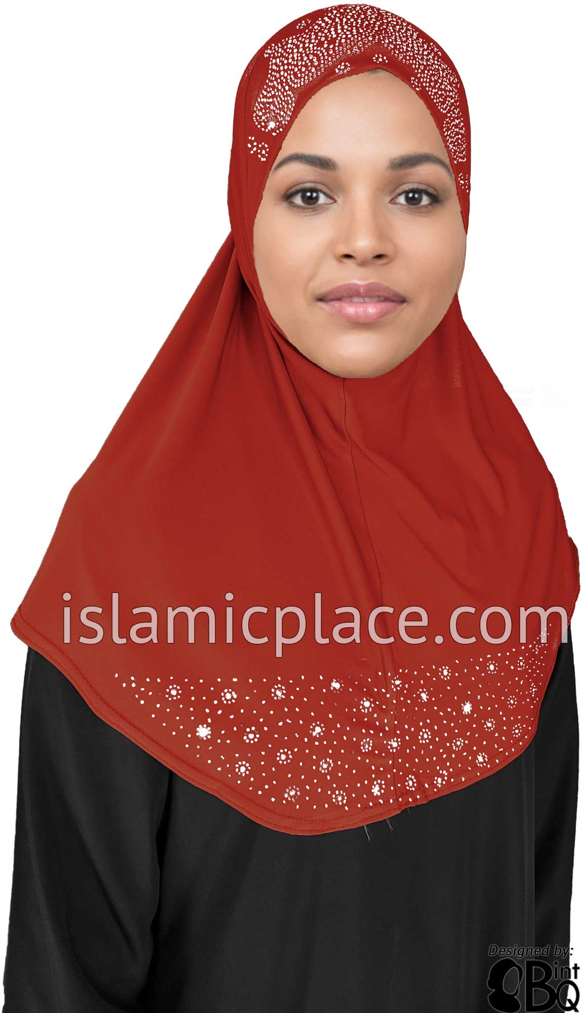 Rust - Luxurious Lycra Hijab Al-Amira with Silver Rhinestones Teen to Adult (Large)