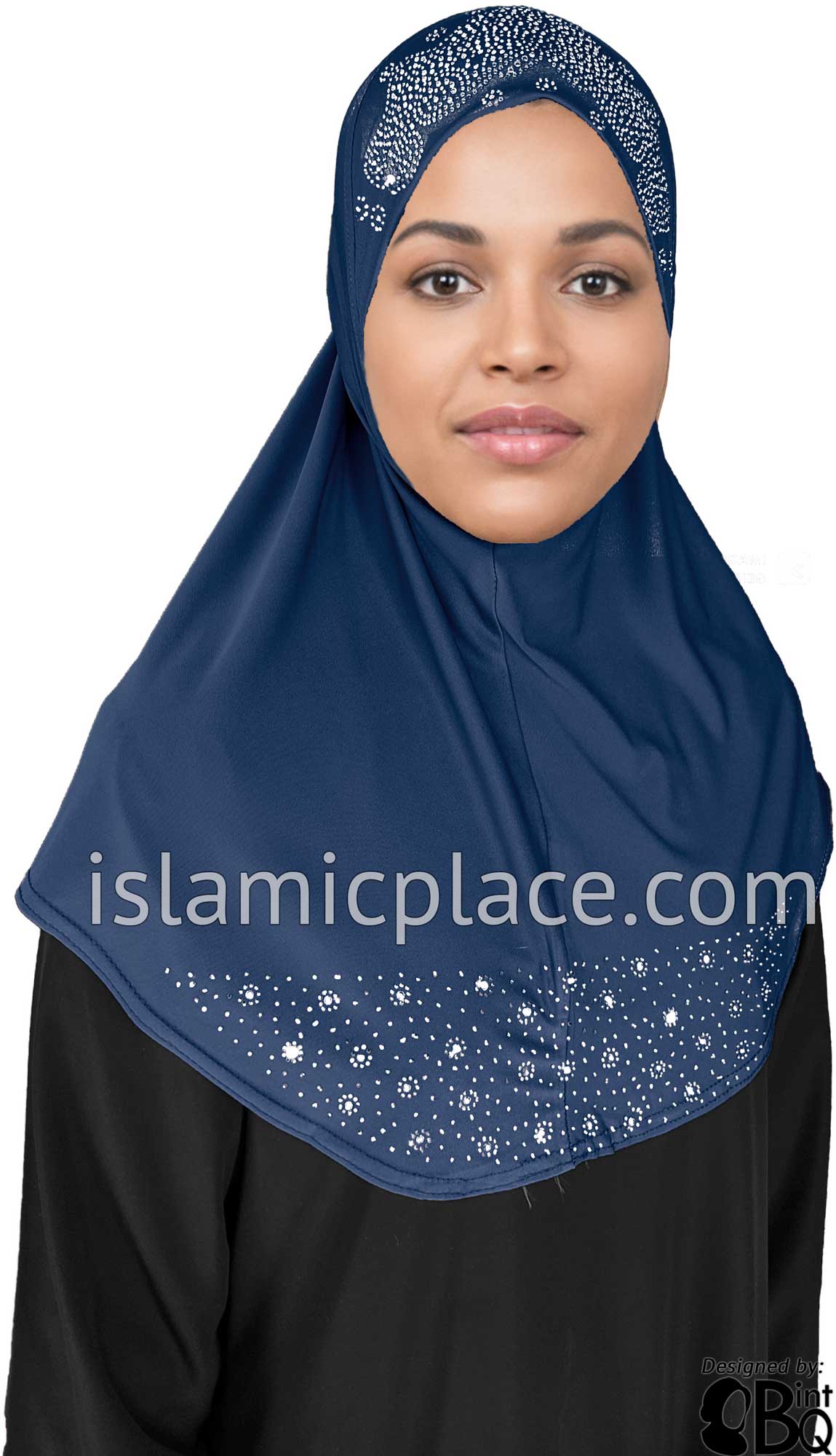 Denim Blue - Luxurious Lycra Hijab Al-Amira with Silver Rhinestones Teen to Adult (Large)