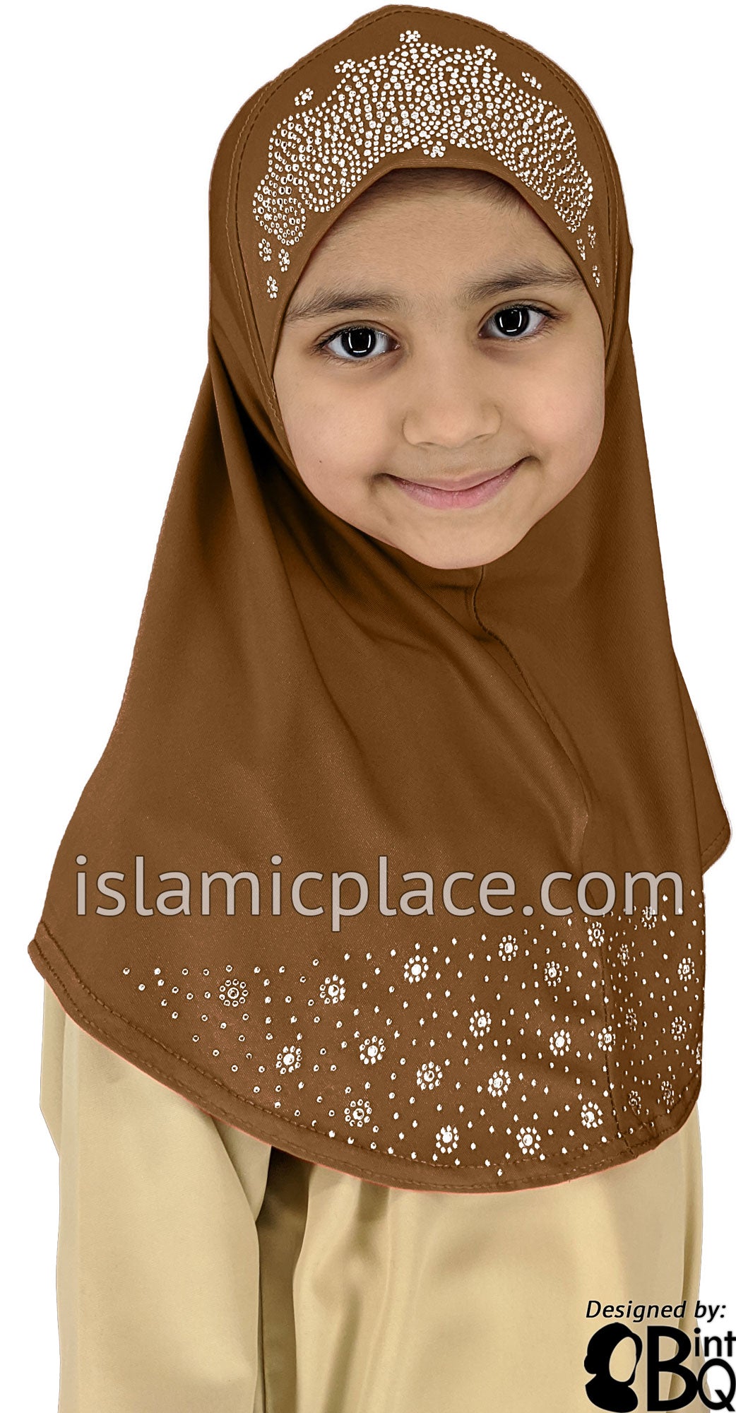 Hazelnut - Luxurious Lycra Hijab Al-Amira with Silver Rhinestones - Girl size (1-piece)