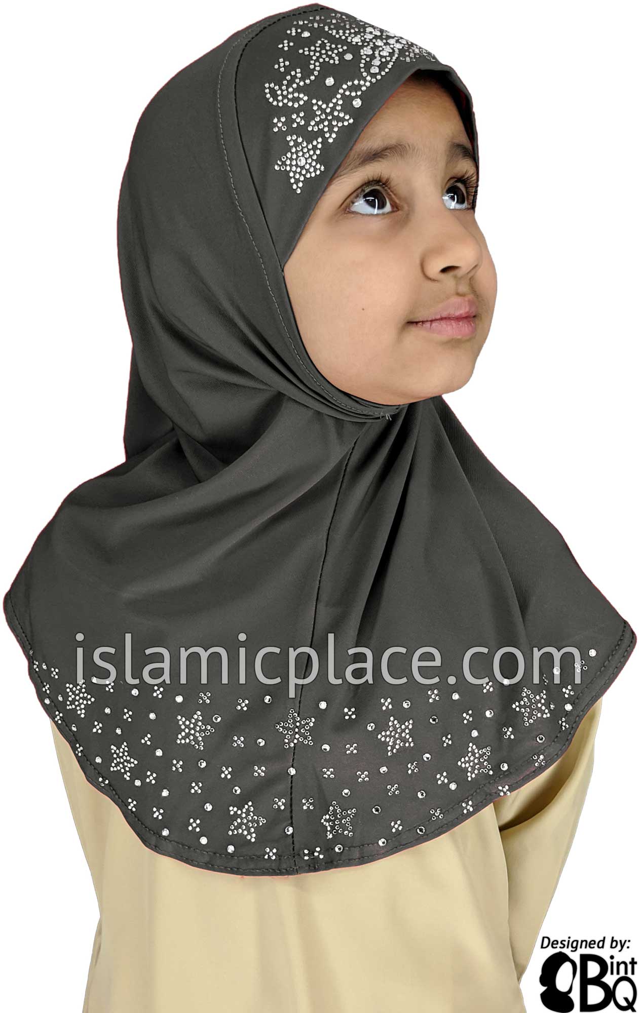 Charcoal Gray - Luxurious Lycra Hijab Al-Amira with Silver Rhinestones - Girl size (1-piece)