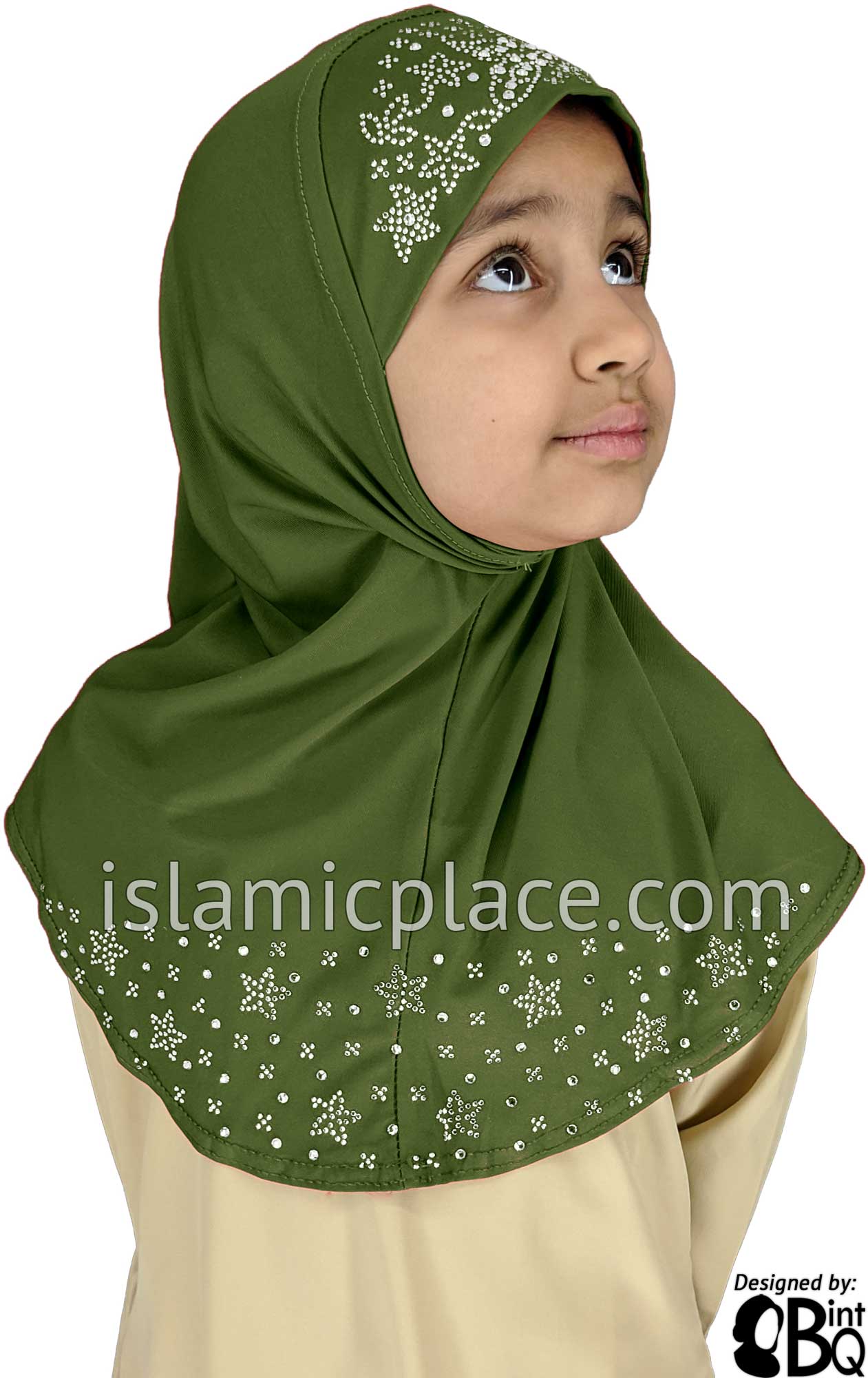 Fresh Olive - Luxurious Lycra Hijab Al-Amira with Silver Rhinestones - Girl size (1-piece)