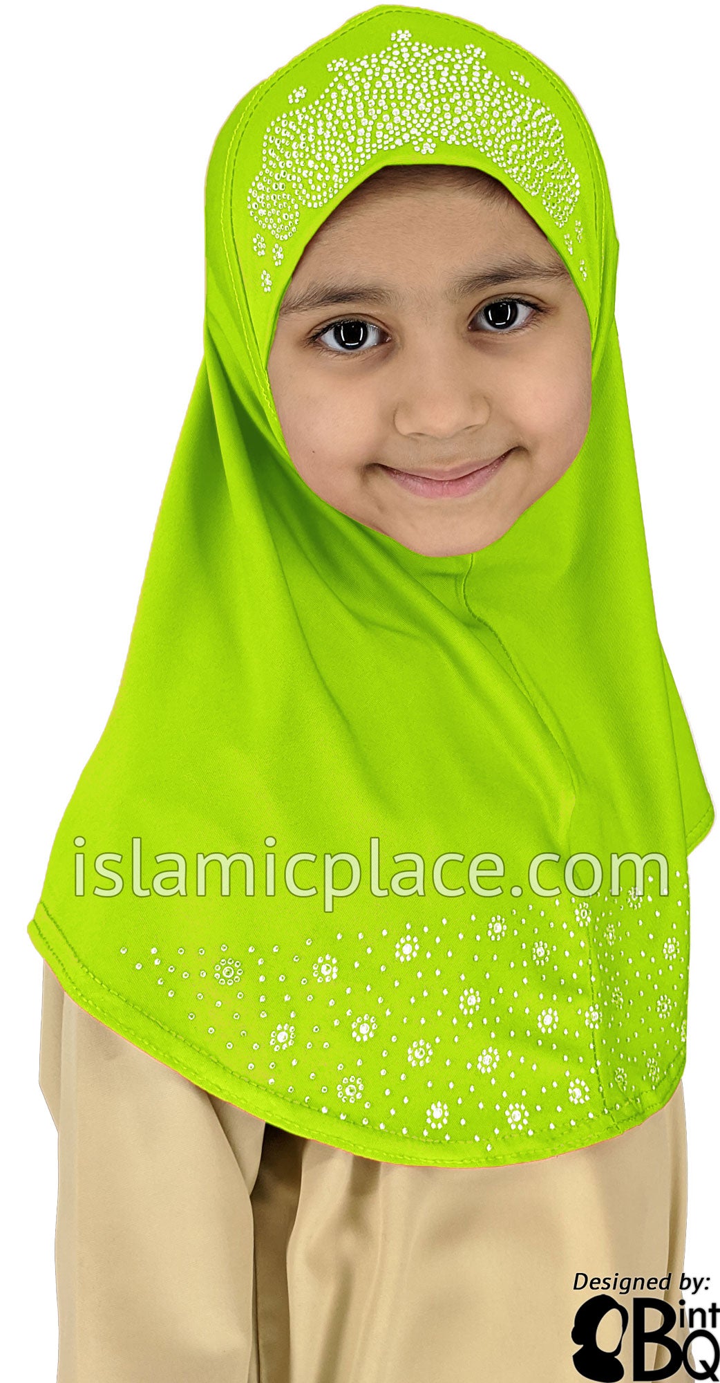 Neon Green - Luxurious Lycra Hijab Al-Amira with Silver Rhinestones - Girl size (1-piece)