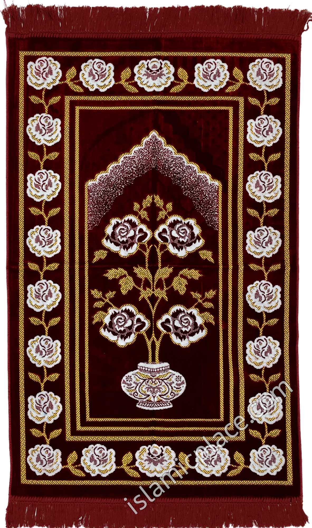 Burgundy Prayer Rug with Rose Vines Design Mihrab