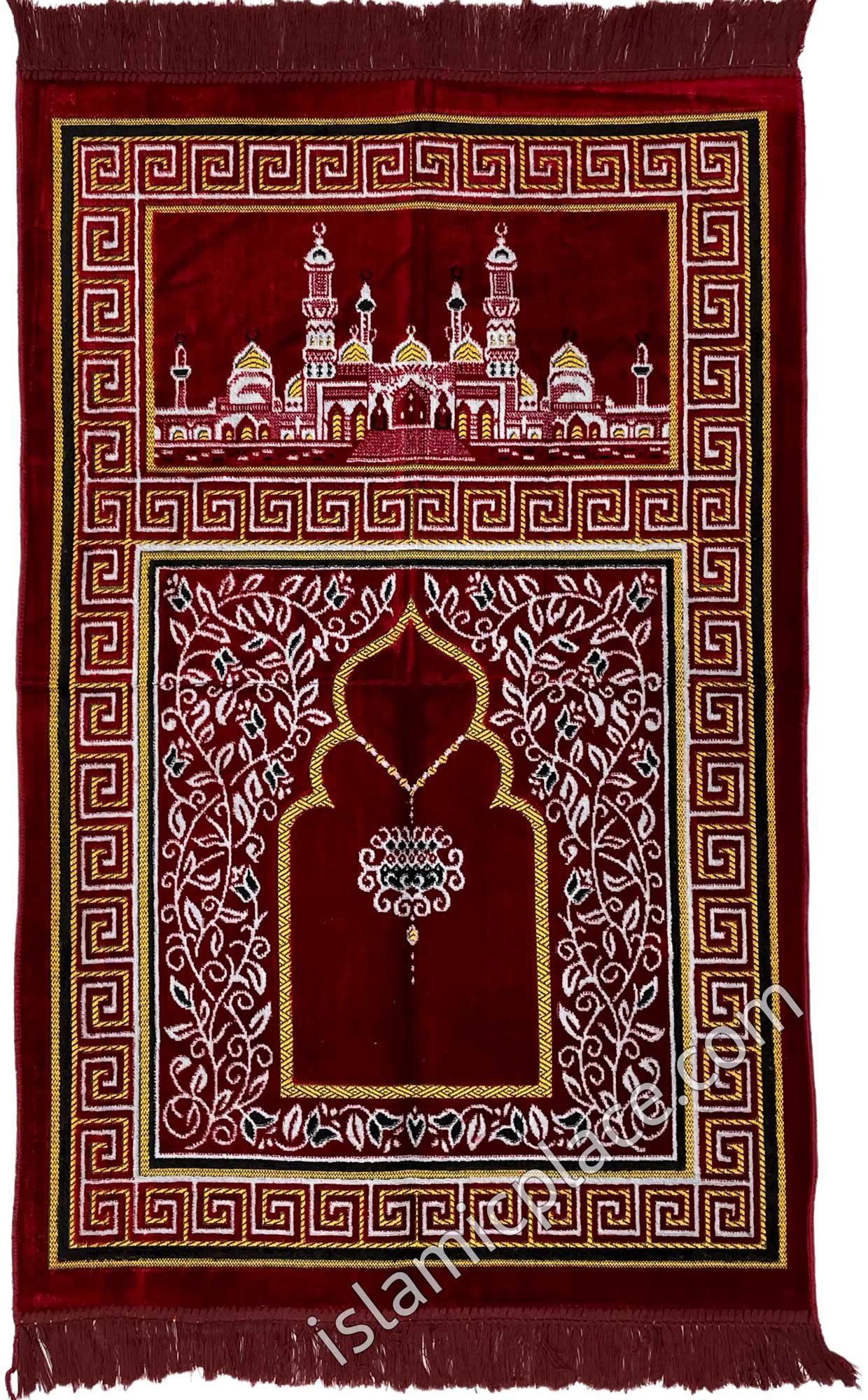 Burgundy Prayer Rug with Masjid Skyline