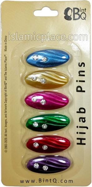 Silky Multi-colored Waves Khimar Hijab Pin Pack with Rhinestones (Pack of 6 Pins)