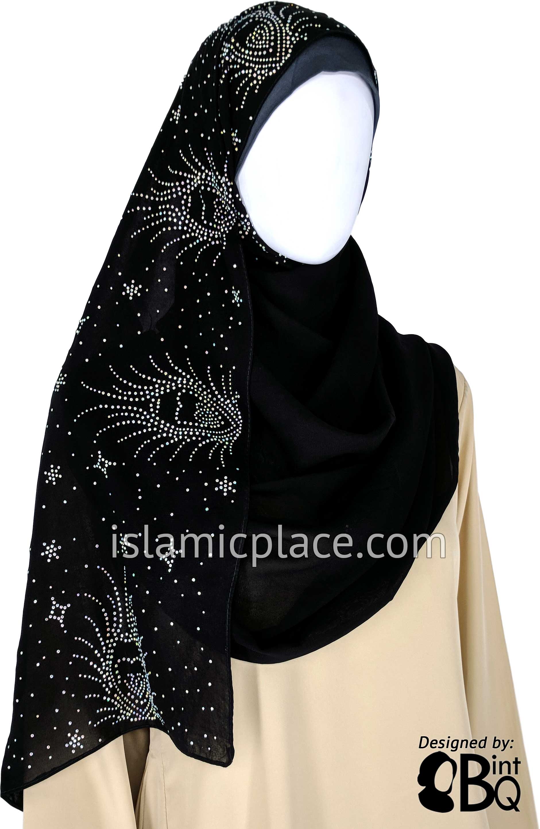 Silver Embedded Hearts Long Rectangle Shayla Hijab with Stones 32"x72"