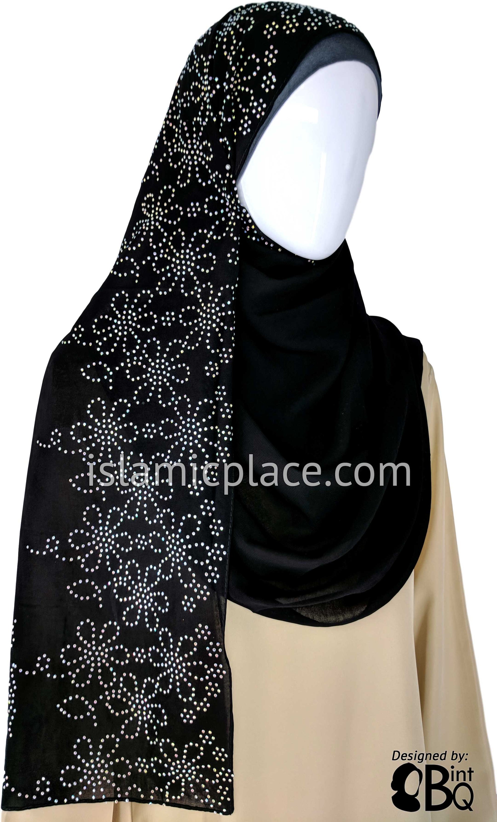 Silver Daisy Long Rectangle Shayla Hijab with Stones 32"x72"