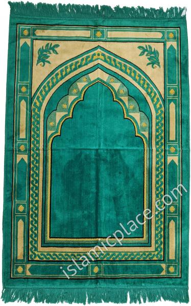 Turquoise and Tan Prayer Rug With Aztec Mihrab (Big & Tall size)