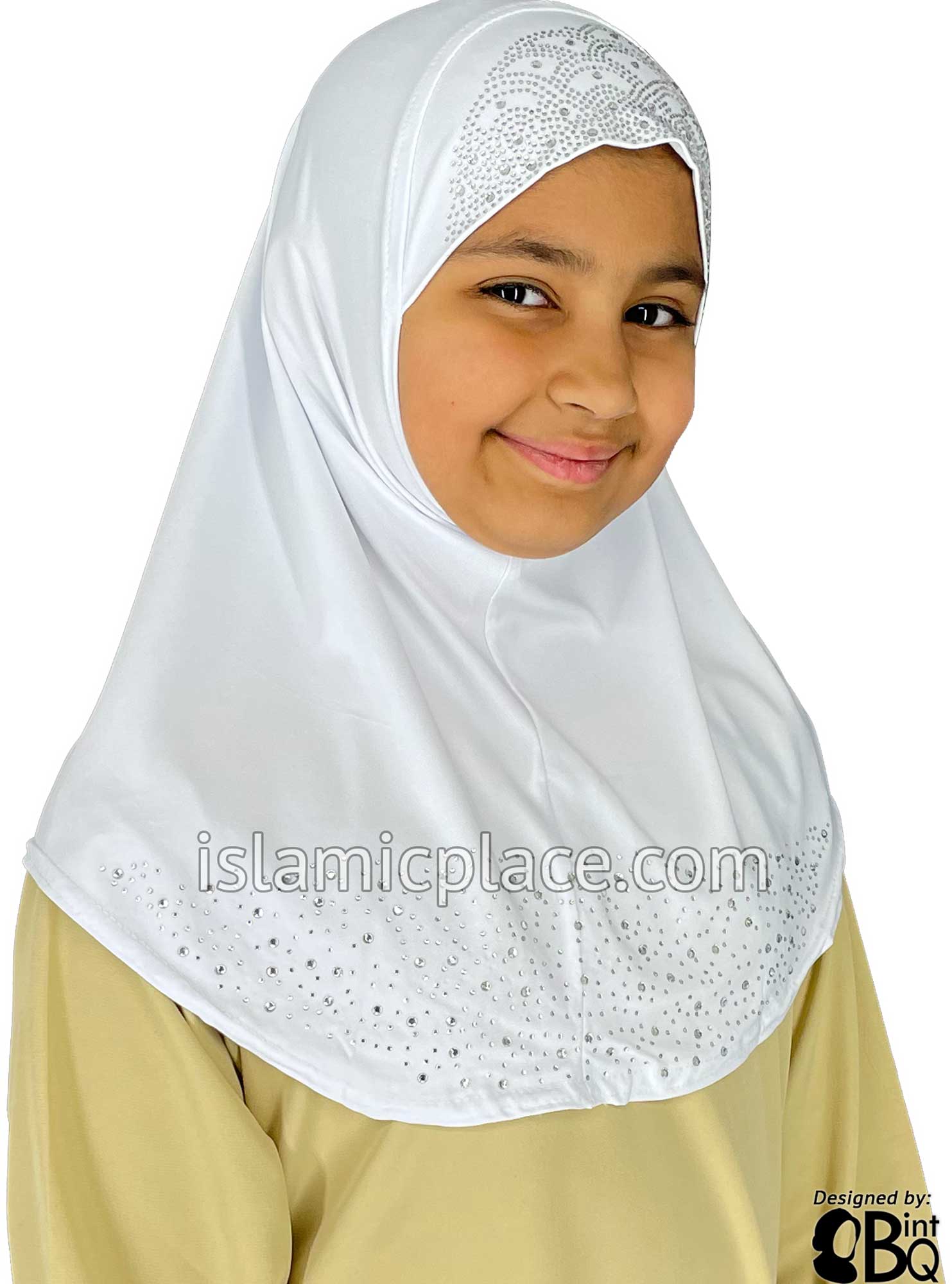 White - Luxurious Lycra Hijab Al-Amira with Silver Rhinestones - Girl size (1-piece)