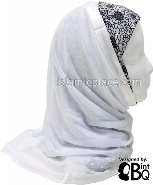 Black Flower Pattern with Black Waffle and Ring Circles on White Base with White Wrap - Kuwaiti Scarf