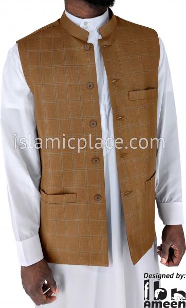 Mocha Brown - Waheed Windowpane Waistcoat Vest by Ibn Ameen