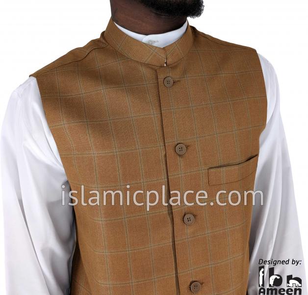 Mocha Brown - Waheed Windowpane Waistcoat Vest by Ibn Ameen