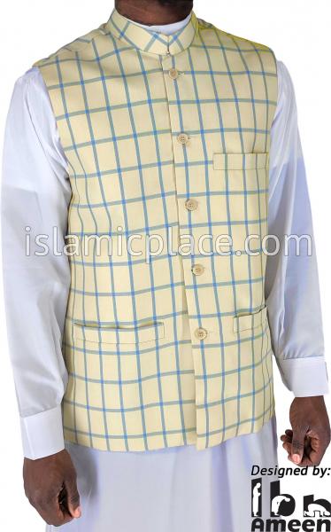 Khaki with Blue - Waheed Windowpane Waistcoat Vest by Ibn Ameen