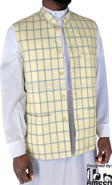 Khaki with Blue - Waheed Windowpane Waistcoat Vest by Ibn Ameen