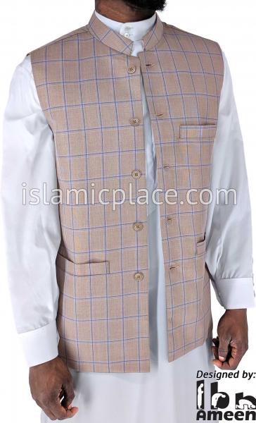 Light Brown with Blue - Waheed Windowpane Waistcoat Vest by Ibn Ameen