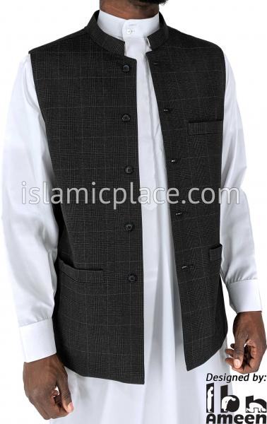 Black and Gray - Musa Madras Waistcoat Vest by Ibn Ameen