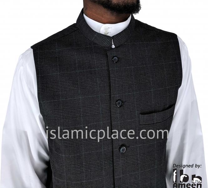 Black and Gray - Musa Madras Waistcoat Vest by Ibn Ameen