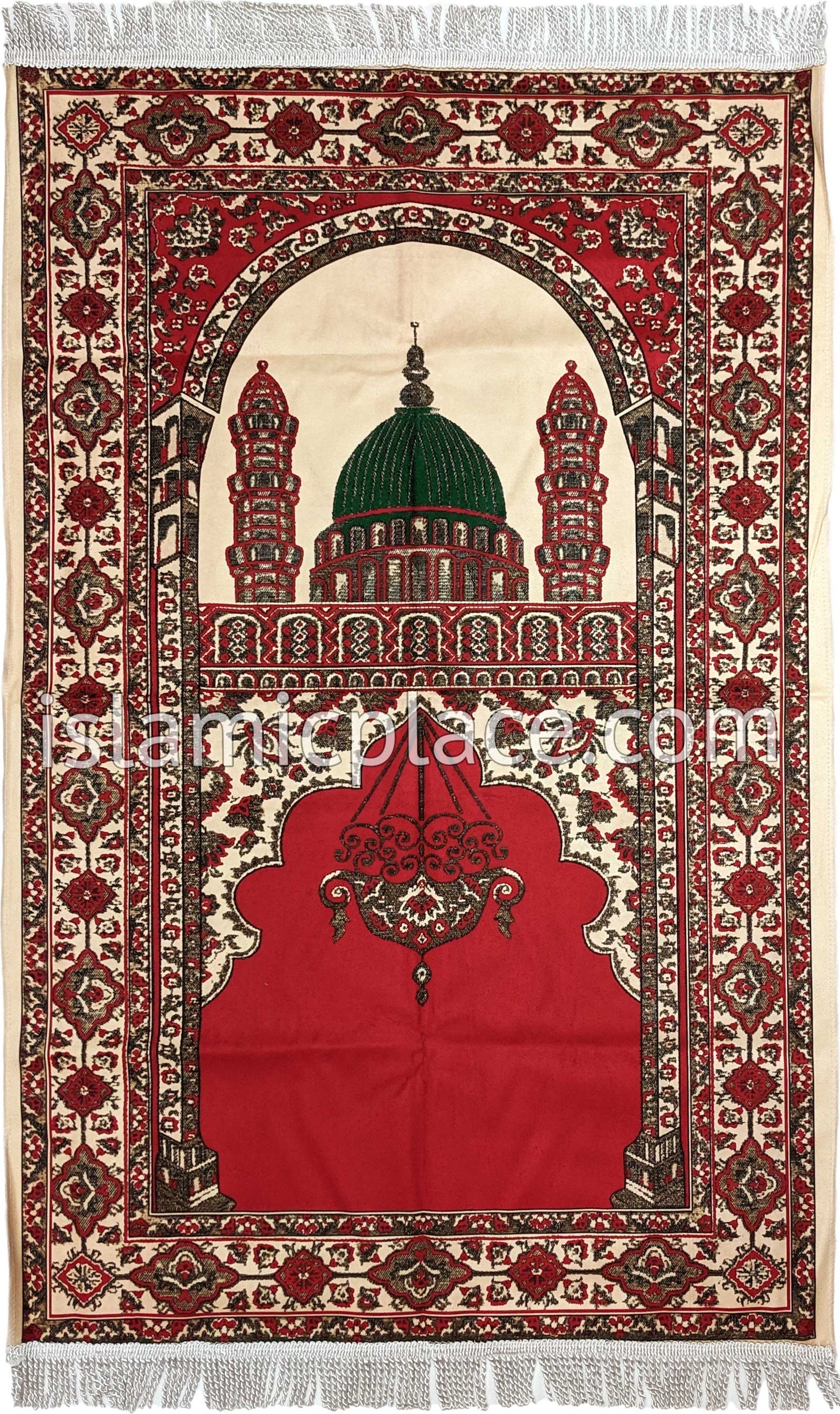 Red - Traditional Masjid Design Prayer Rug with Matching Zipper Carrying Bag