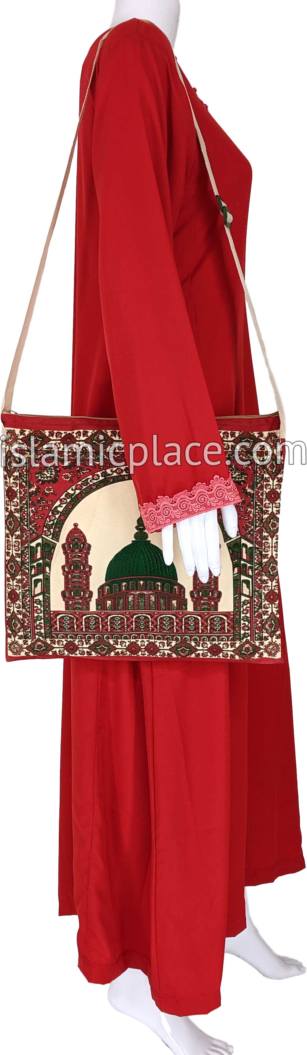 Red - Traditional Masjid Design Prayer Rug with Matching Zipper Carrying Bag