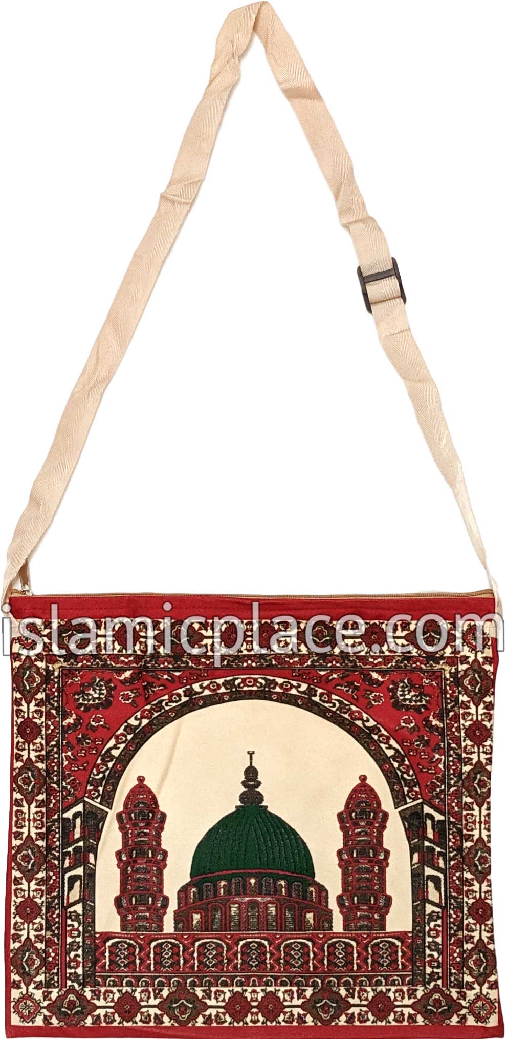 Red - Traditional Masjid Design Prayer Rug with Matching Zipper Carrying Bag
