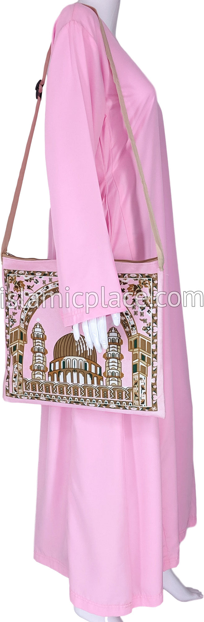 Pink - Mosque Sketch Design Prayer Rug with Matching Zipper Carrying Bag