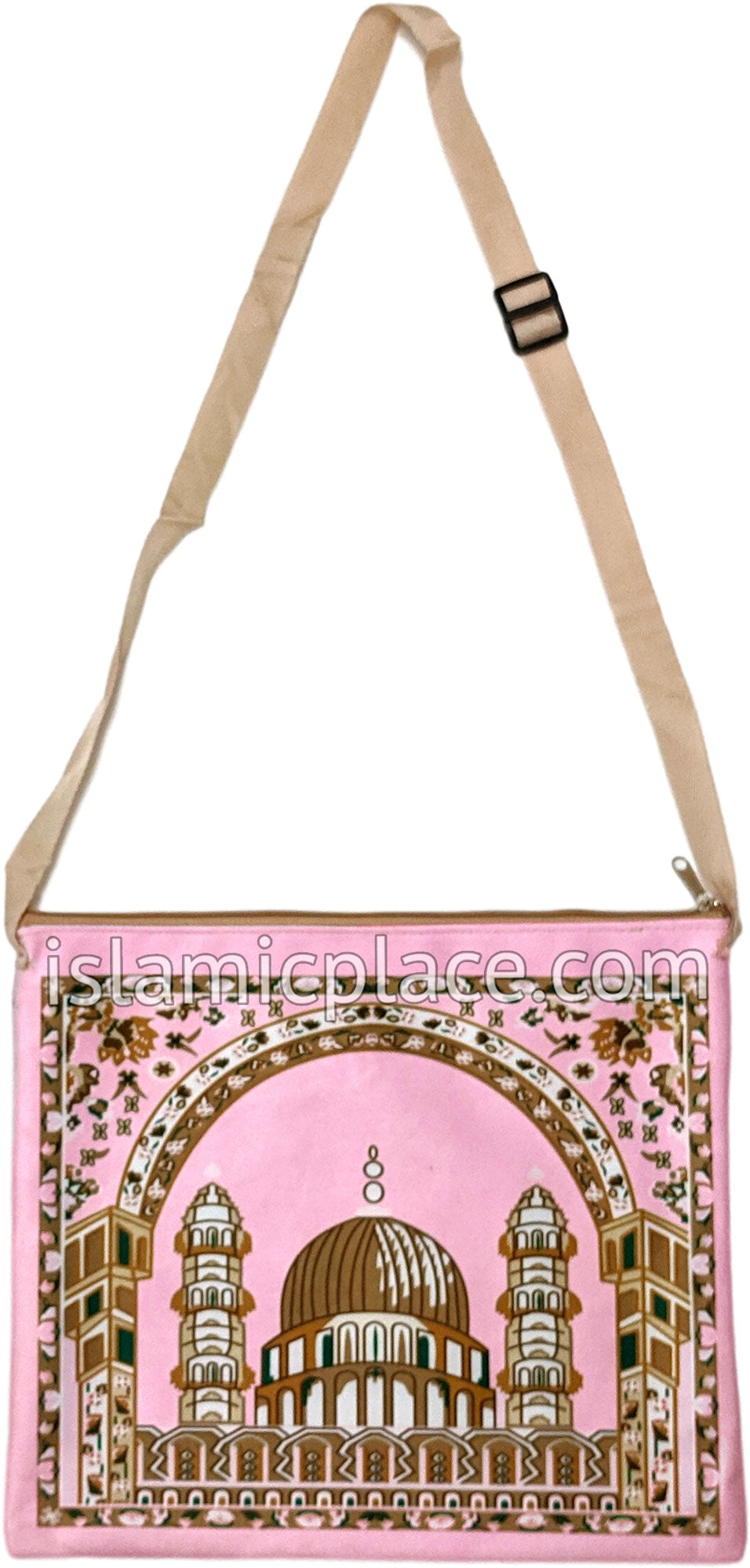Pink - Mosque Sketch Design Prayer Rug with Matching Zipper Carrying Bag