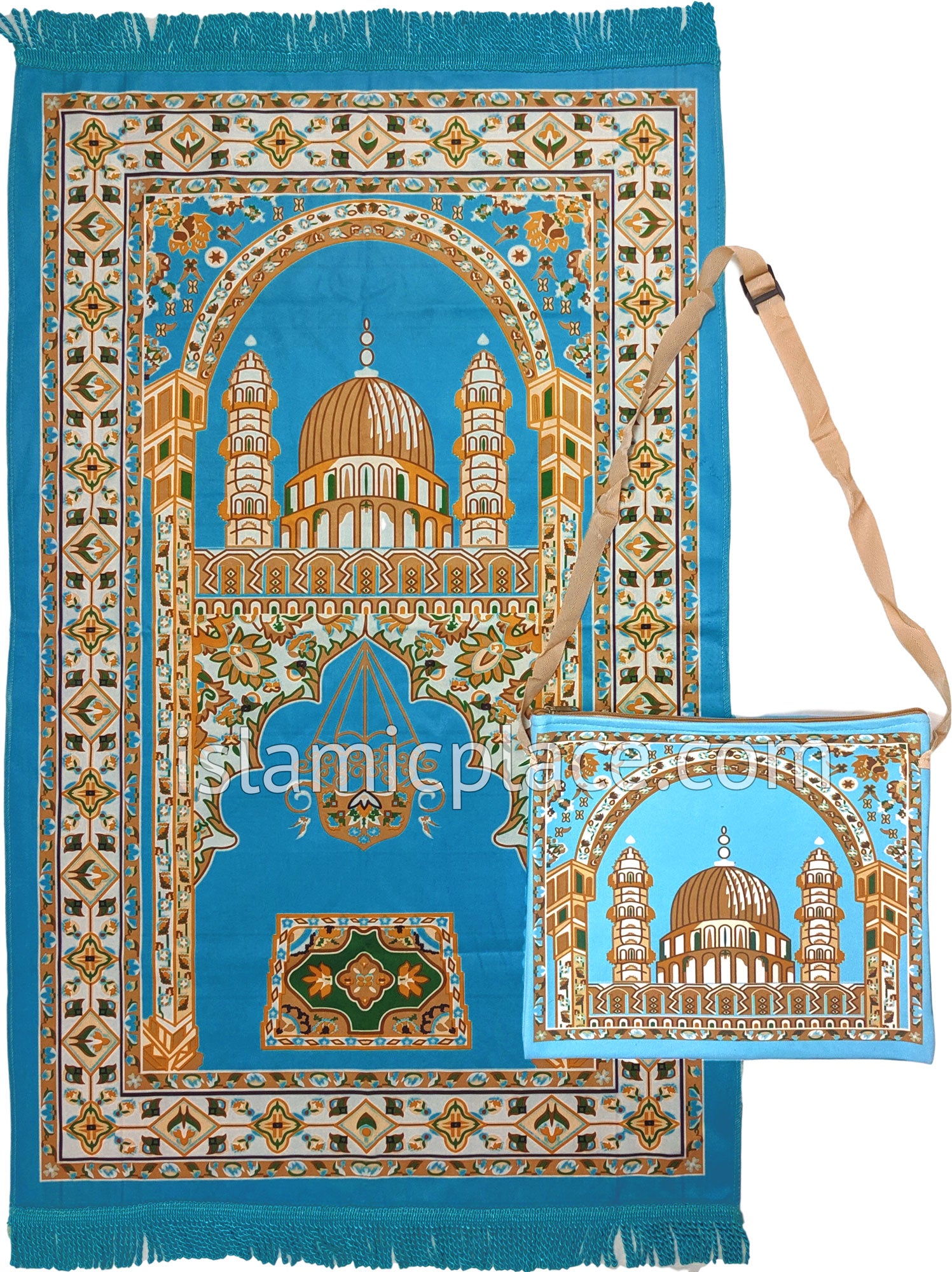 Sky Blue - Mosque Sketch Design Prayer Rug with Matching Zipper Carrying Bag