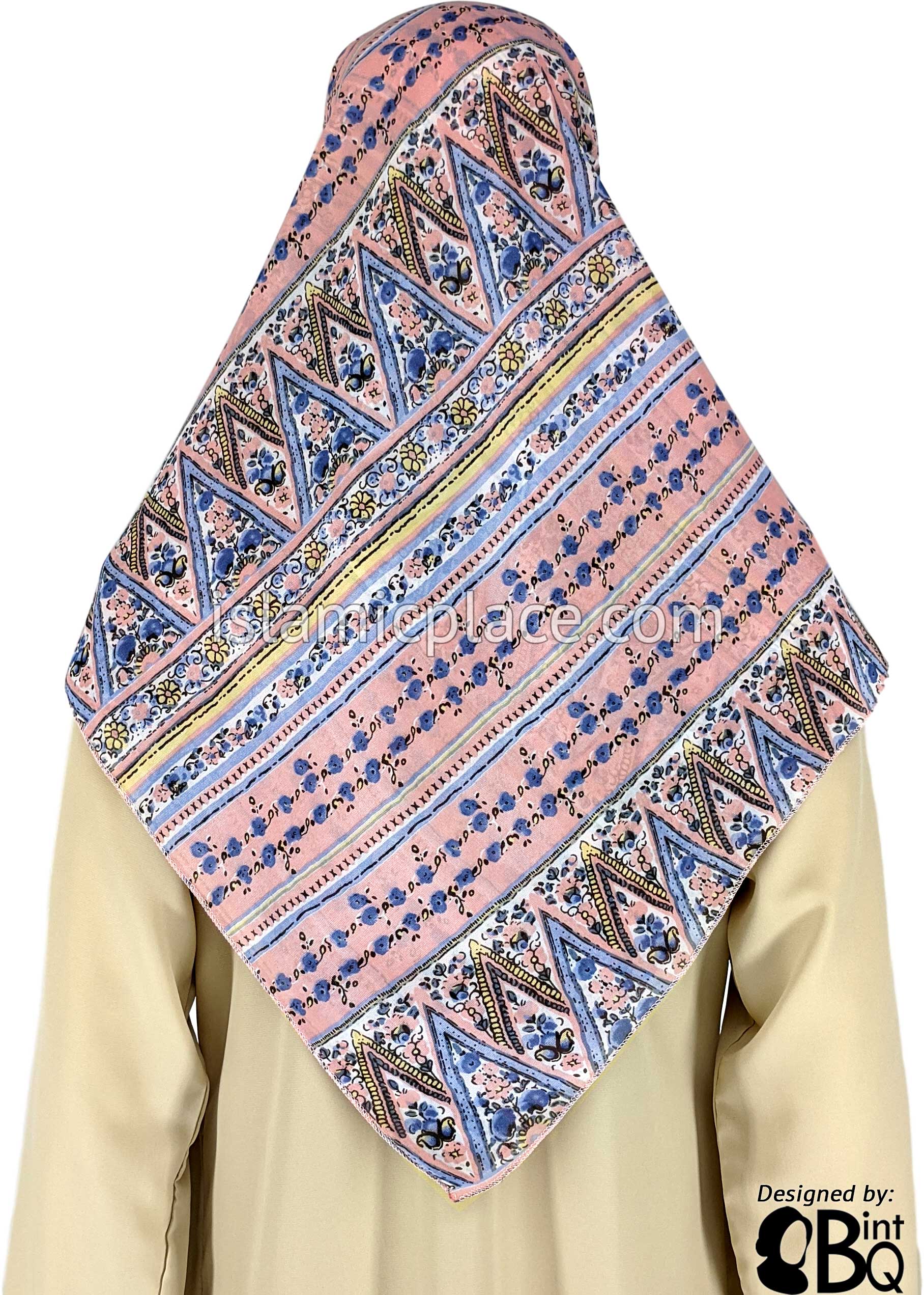 Blue, Yellow, White And Black Water Color Floral Design On Pink - 45" Square Printed Khimar