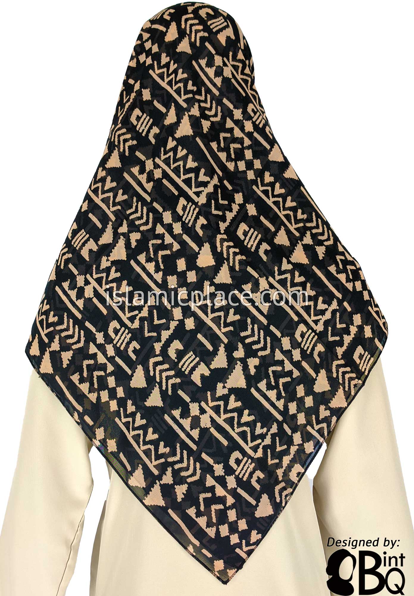 Black with Tan Hieroglyph Design - 45" Square Printed Khimar