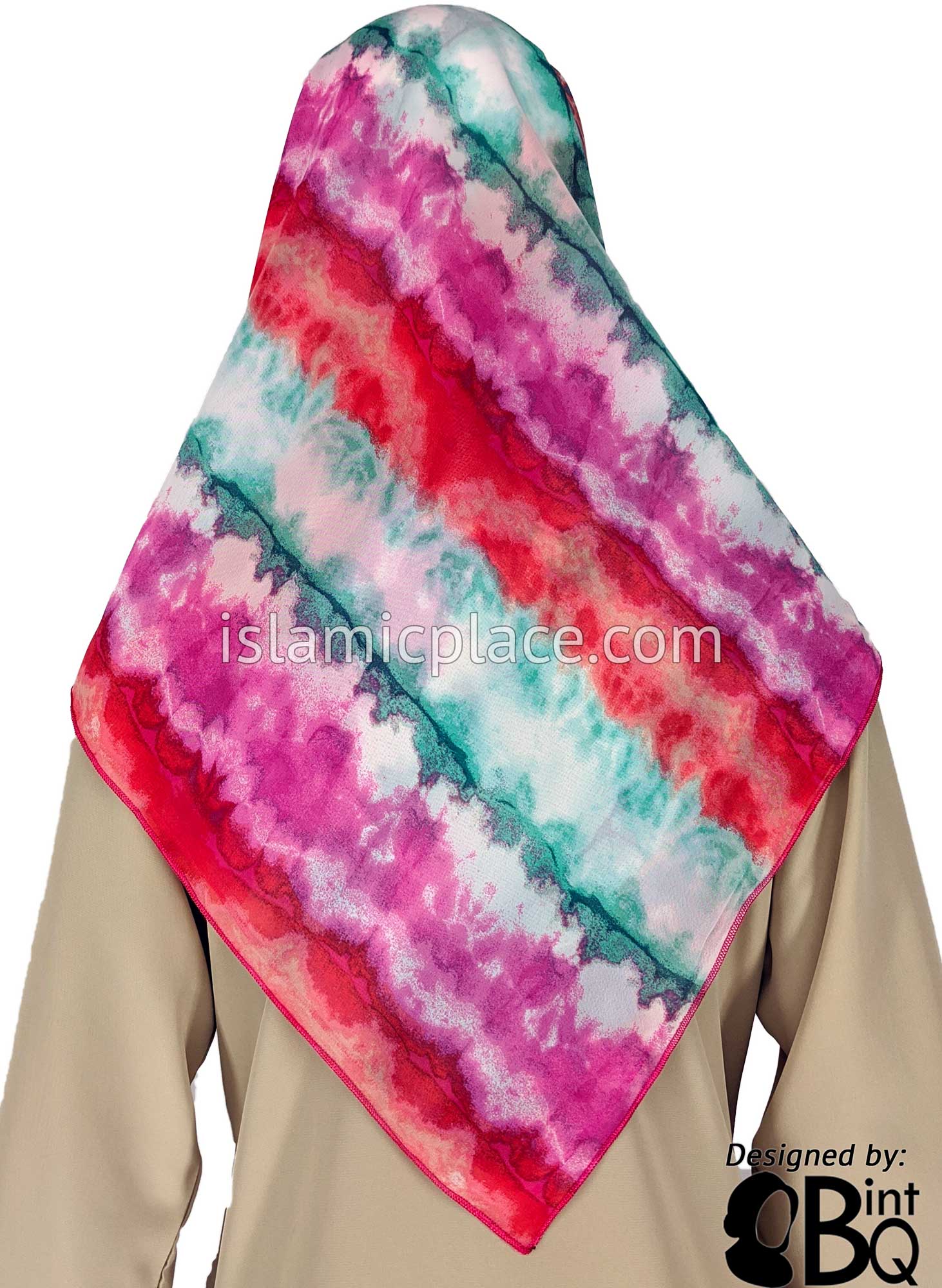 Red, Pink, Aqua Green, Teal and White Tie and Dye Design - 45" Square Printed Khimar