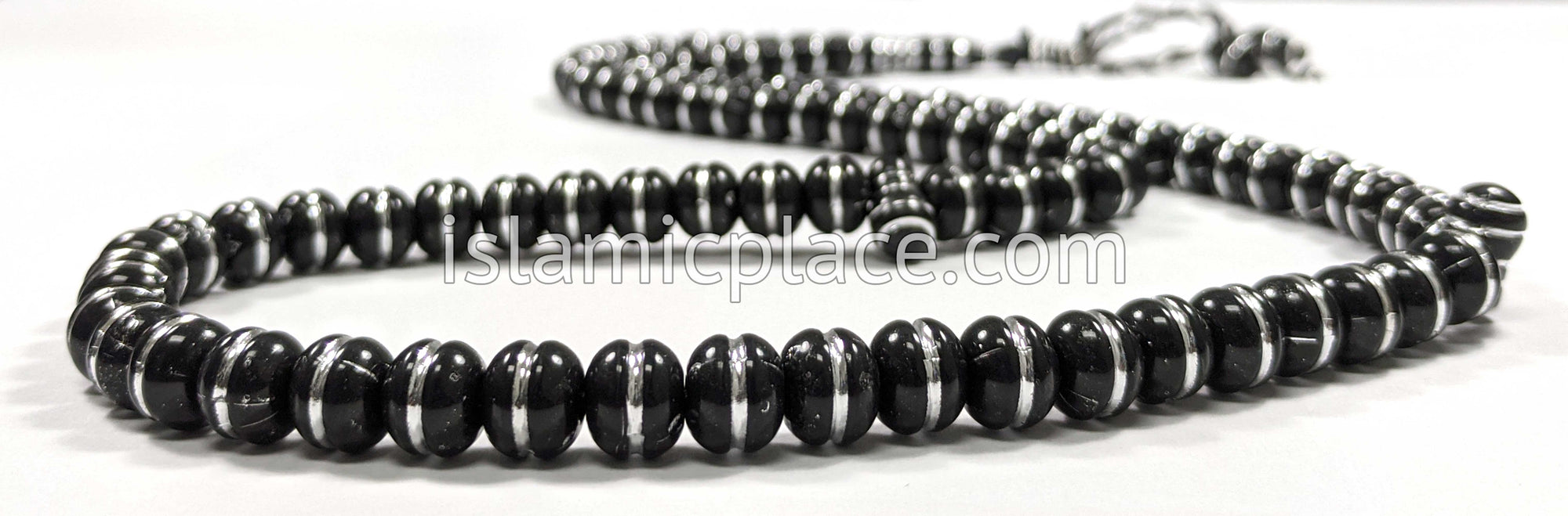 Black - Single Silver Band Design Tasbih Prayer Beads