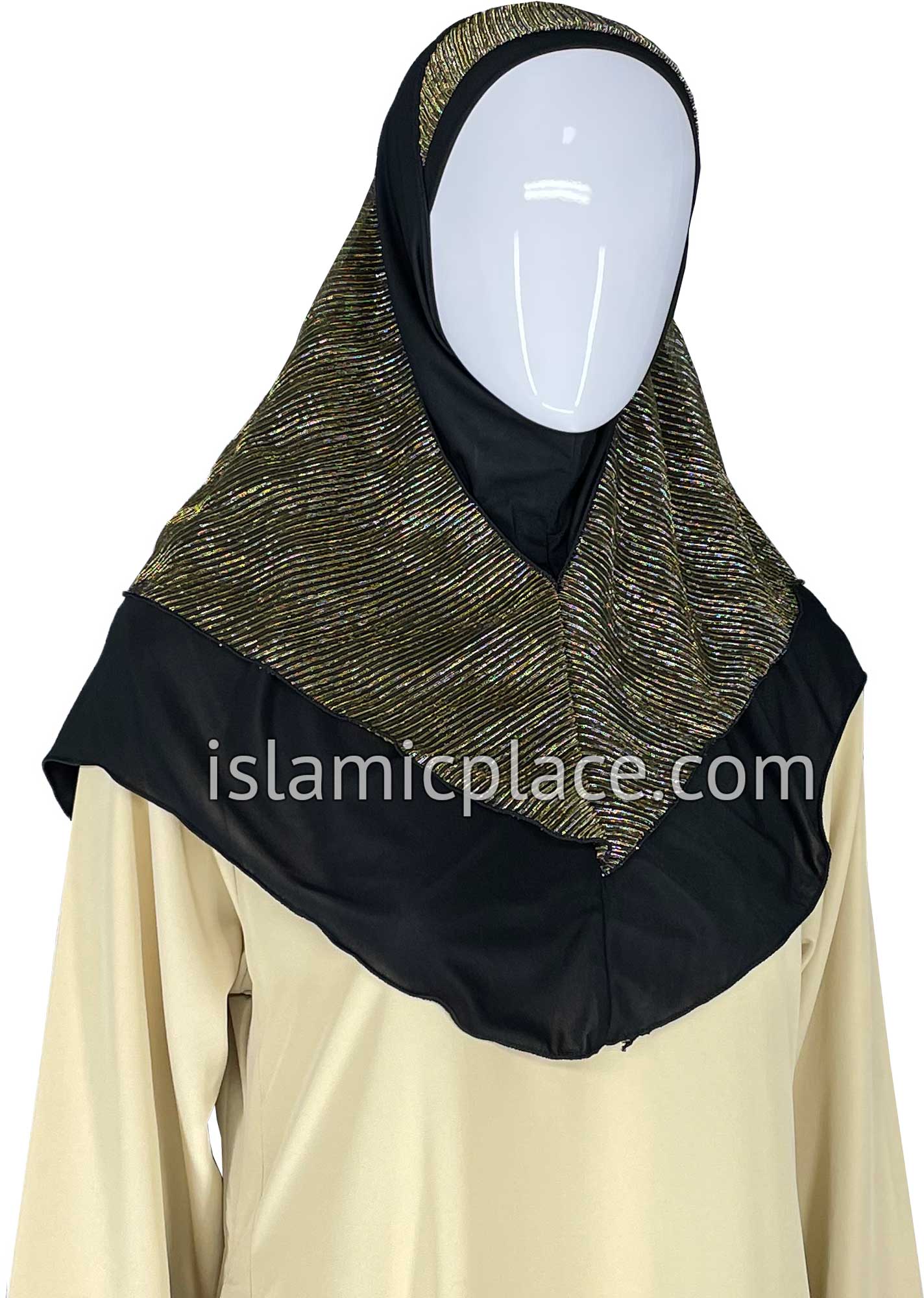 Black and Gold - Sparle Net Style Teen to Adult (Large) Hijab Al-Amira (1-piece style) - Design 15