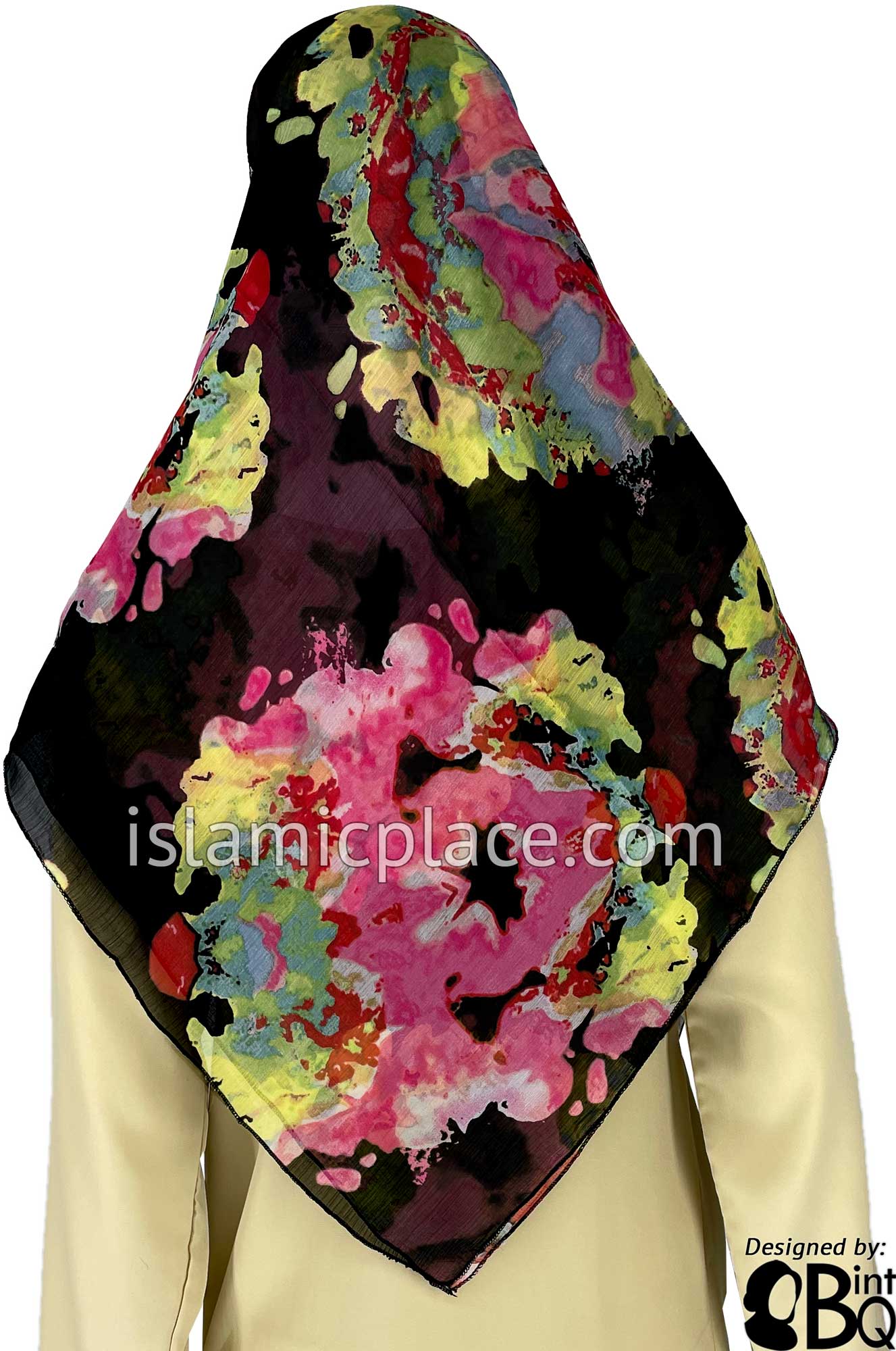 Pink and Yellow Smudged Tie-Dye Design on Black - 45" Square Printed Khimar