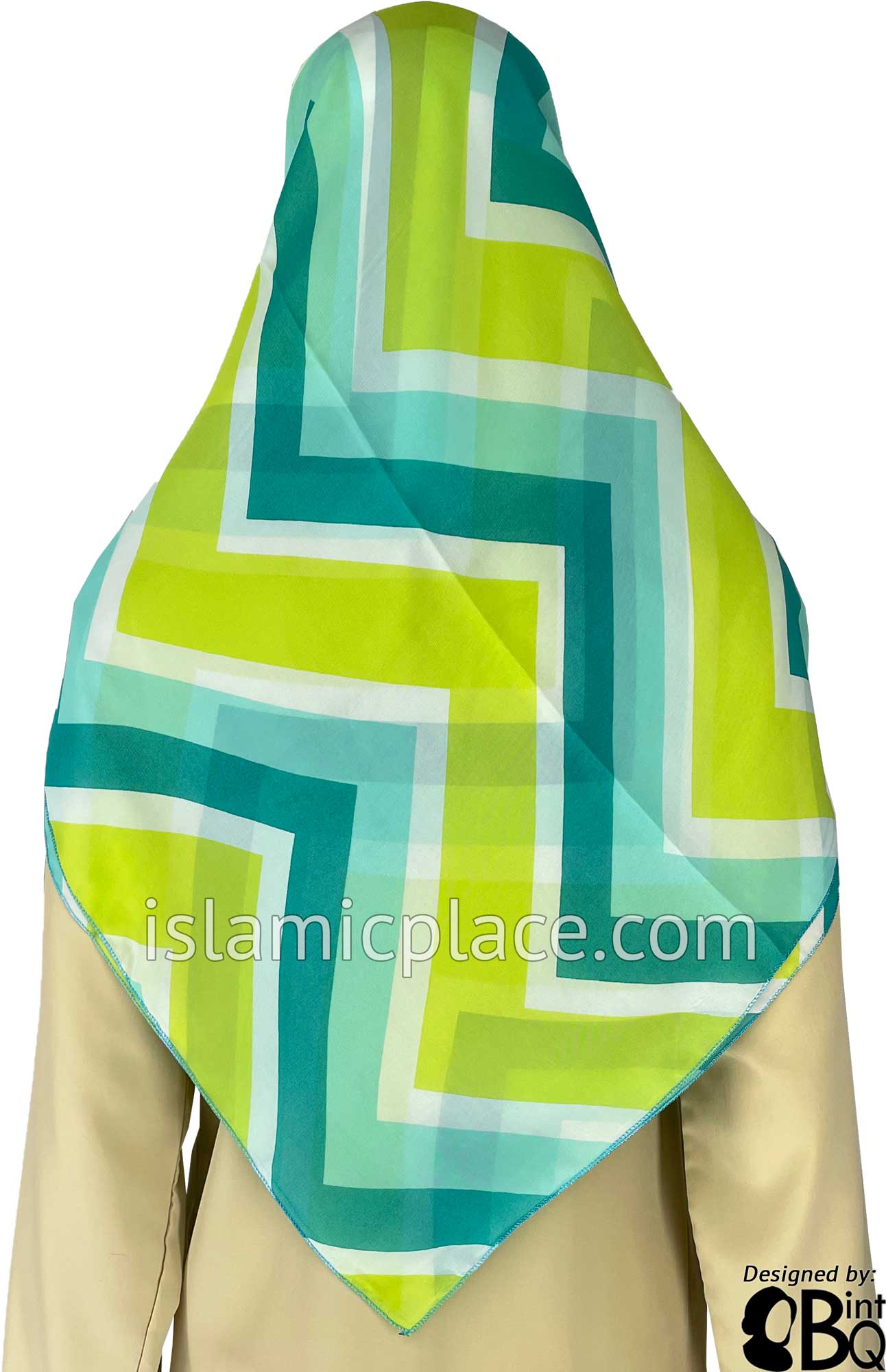 Lime Green, White, Turquoise and Teal zig zag pattern - 45" Square Printed Khimar