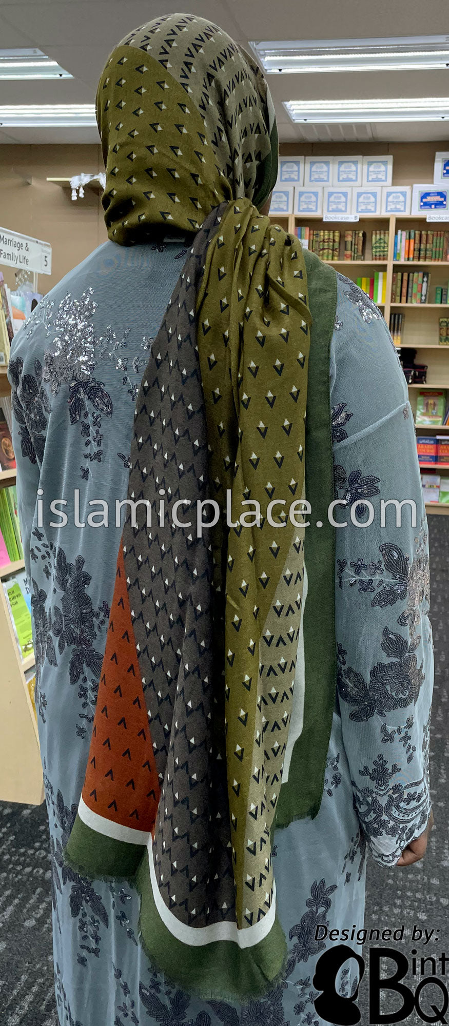Olive Green, Light Olive, Camouflage Brick Red and Brown- Triangular Pattern Soft Viscose Printed Shayla Long Rectangle Hijab 34"x72"