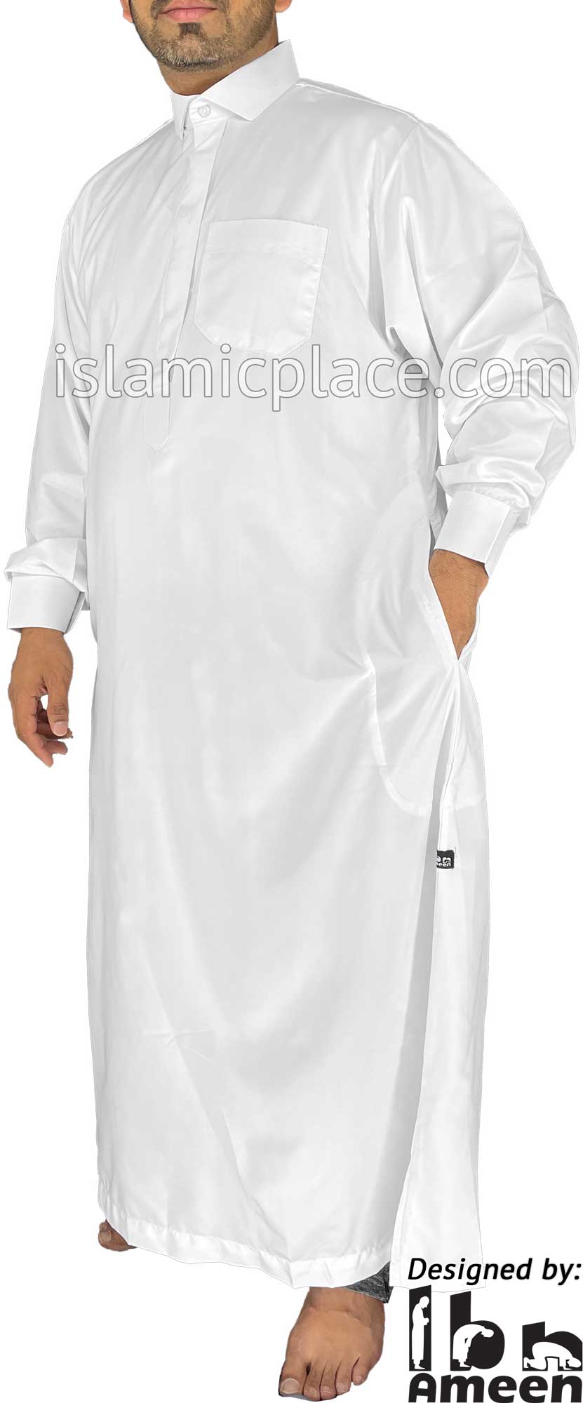 White - Hassan Style Dress Shirt Collar Men Thob by Ibn Ameen
