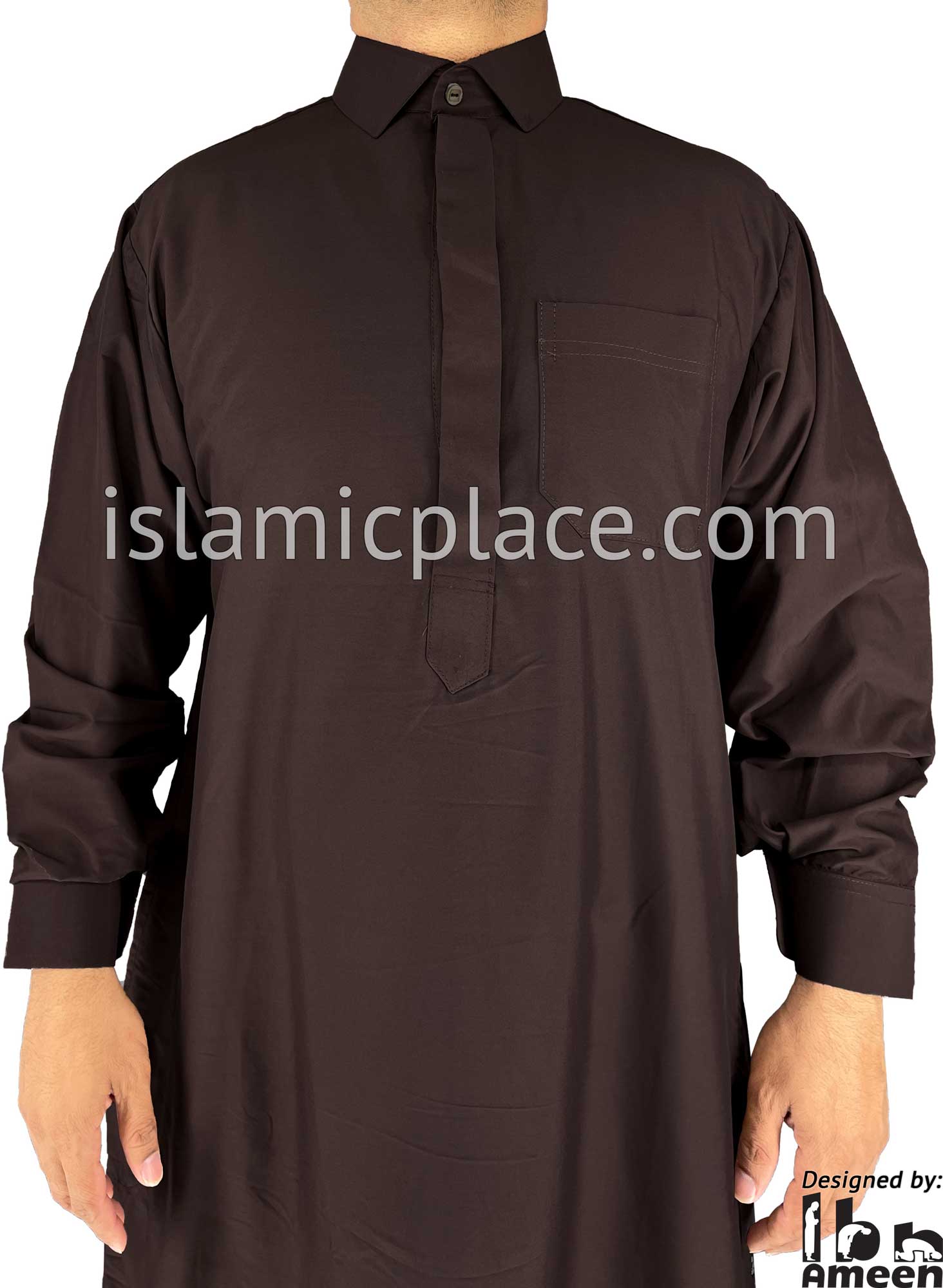 Brown - Hassan Style Dress Shirt Collar Men Thob by Ibn Ameen